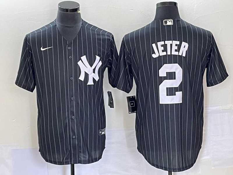 Men%27s New York Yankees #2 Derek Jeter Black Pinstripe Cool Base Stitched Baseball Jersey->new york yankees->MLB Jersey